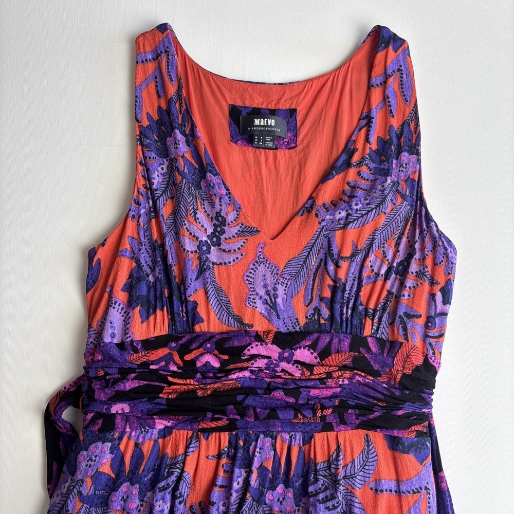 Maeve Anthropologie Women's Sz 4 Peasant Macie Maxi Dress Purple Tropical Pocket
